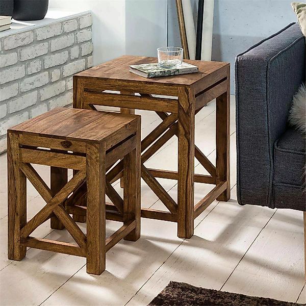 2er Set Beistelltisch Massiv-Holz Sheesham Wohnzimmer-Tisch Design dunkel-b günstig online kaufen