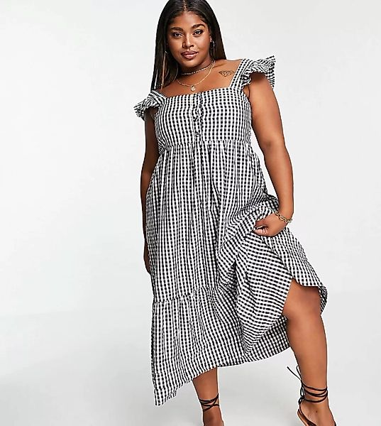ASOS DESIGN Curve – Gesmoktes Midi-Sommerkleid aus Leinen mit Rüschen, ecki günstig online kaufen