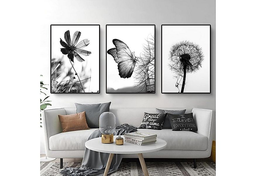 Martin Kench Poster 3er Poster Set Schwarz-Weißer Schmetterling Blume Löwen günstig online kaufen