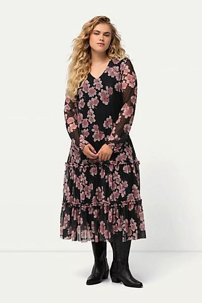 Ulla Popken Jerseykleid Midikleid doppellagig Blumen V-Ausschnitt Langarm günstig online kaufen