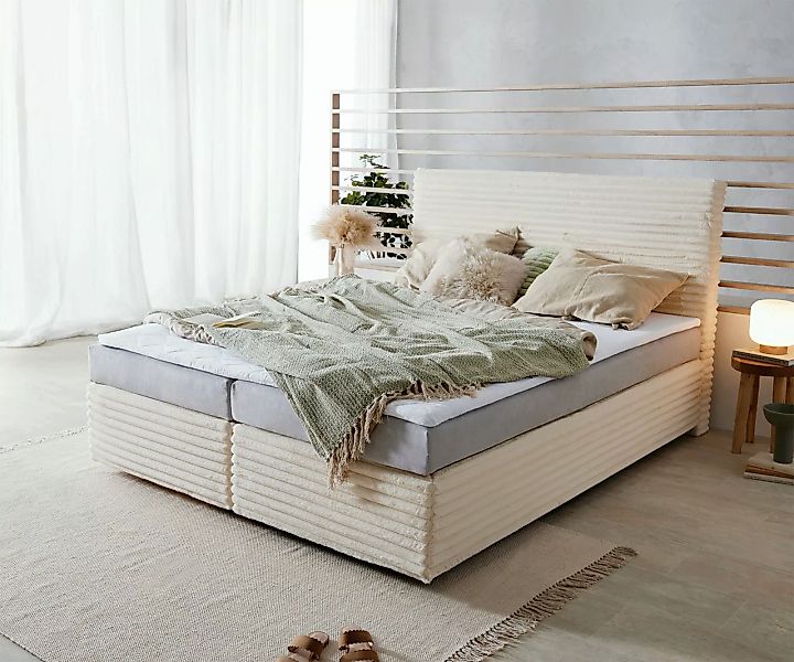 DELIFE Boxspringbett Dream-Well, Plüsch-Cord Beige 160x200 cm Bonell-Matrat günstig online kaufen