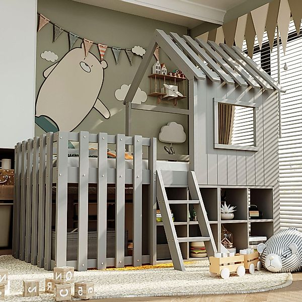 Flieks Hochbett Kinderbett Hausbett 90x200cm mit günstig online kaufen