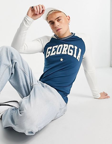ASOS DESIGN – Eng anliegendes, langärmliges T-Shirt in Marineblau mit „Geor günstig online kaufen