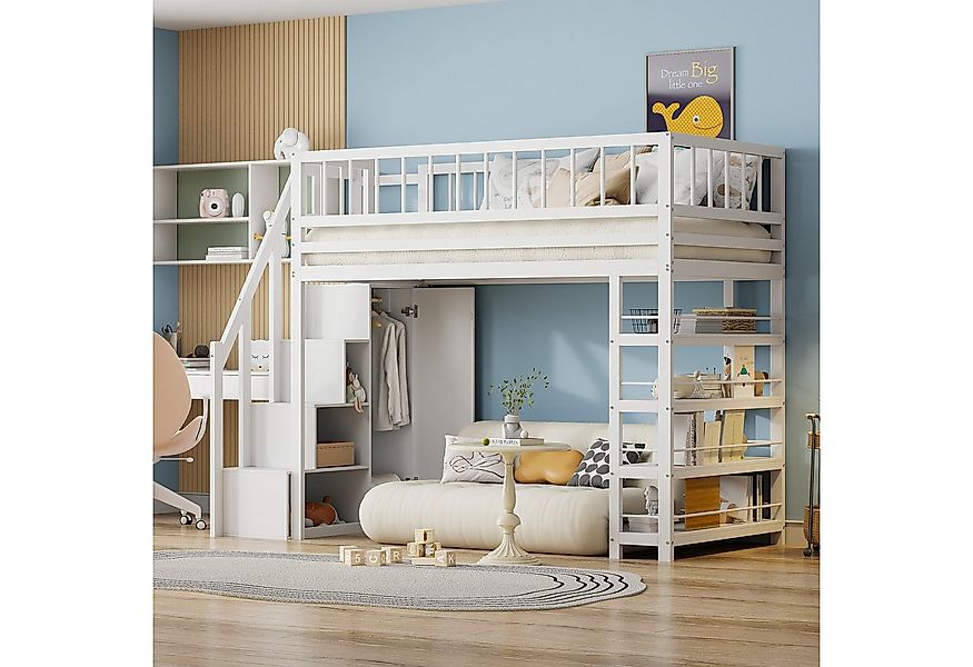 FUROKOY Hochbett Multifunktionsbett mit Kleiderschrank, Kinderbett 90 x 200 günstig online kaufen