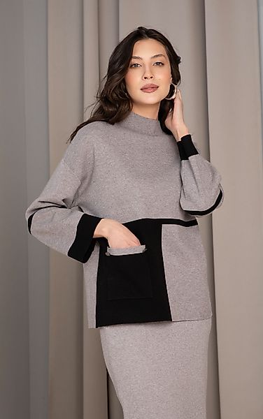 Passioni Strickpullover in grau-schwarzem Colorblocking, längerer günstig online kaufen