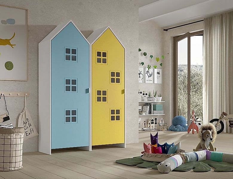 Vipack Kleiderschrank in Korpus Weiß / Front Blau u. Gelb, MDF günstig online kaufen