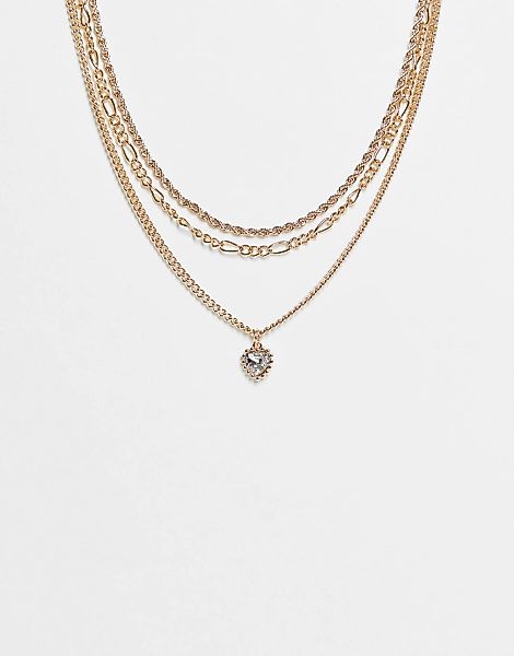 Topshop – Mehrreihige Halskette mit herzförmigem Ziersteinanhänger in Gold- günstig online kaufen