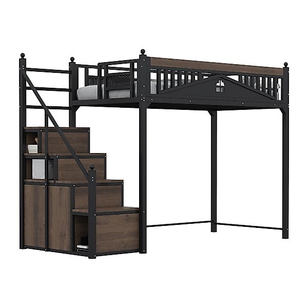 OKWISH Hochbett Einzelbett,Jugendbett,Hochbett (Metall-Hochbett mit Staurau günstig online kaufen