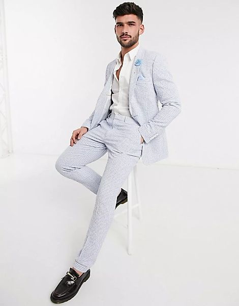 ASOS DESIGN Wedding – Enge Anzughose aus Baumwoll-Seersucker mit blauem Kar günstig online kaufen