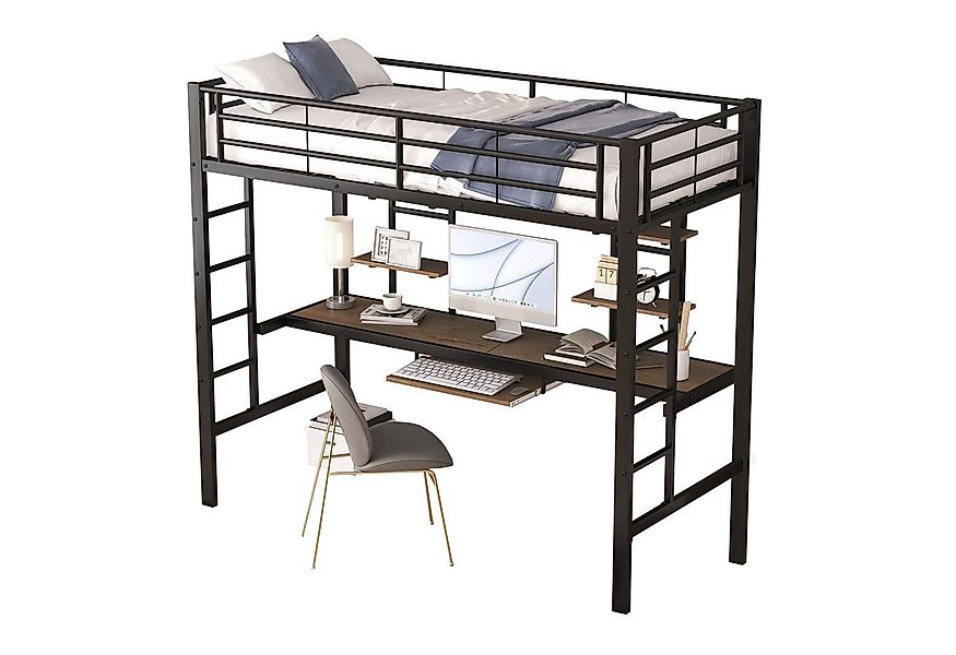 SOFTWEARY Hochbett mit Rausfallschutz und Lattenrost (90x200 cm) Metallbett günstig online kaufen