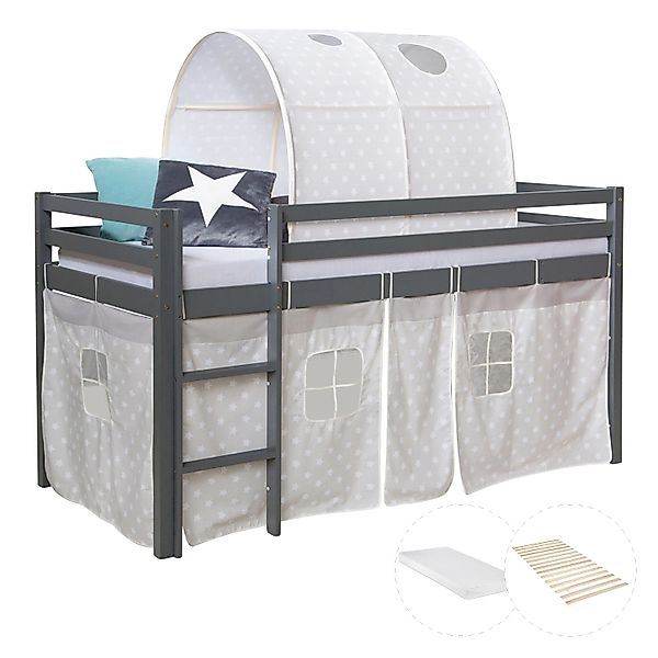 Homestyle4u Kinderhochbett 90x200 Grau mit Lattenrost Matratze 2784 günstig online kaufen