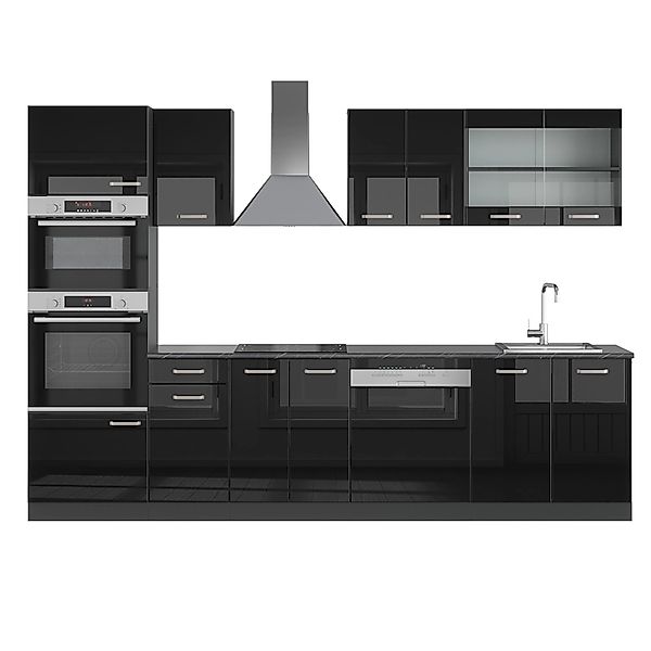 Vicco R-Line Küchenzeile Schwarz Hochglanz/Anthrazit 300 cm mit Hochschrank günstig online kaufen