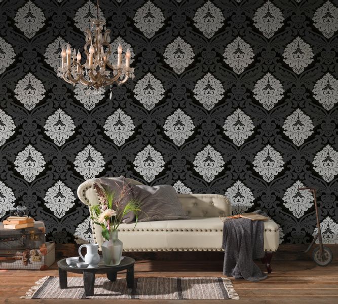 Bricoflor Neobarock Tapete Schwarz Weiß Grau Edle Vliestapete mit Ornament günstig online kaufen