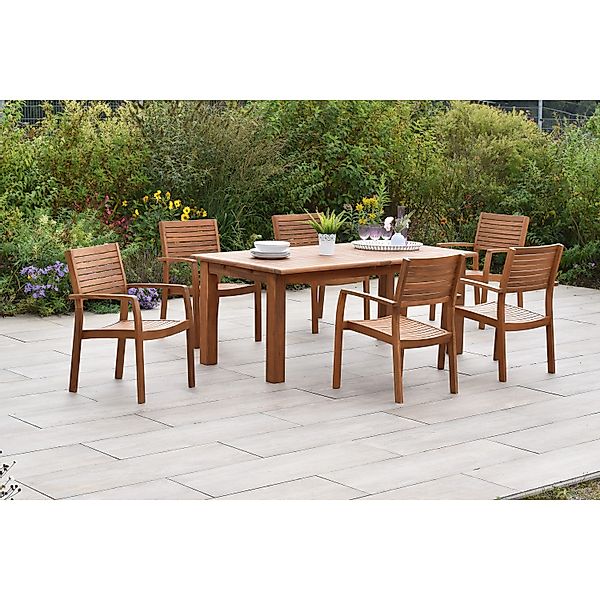Merxx Batavia Set 7-tlg. 6 Stapelsessel Doppel-Gartentisch Ausziehbar günstig online kaufen