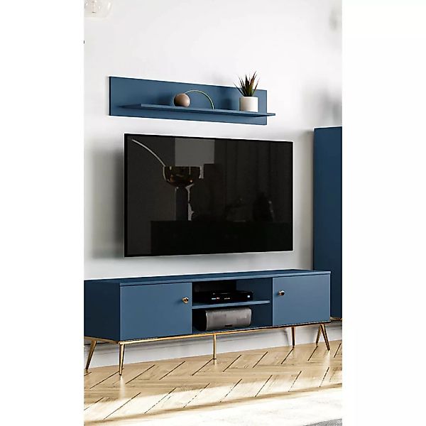Wohnwand dunkelblau MONTPELLIER-131, modern, 2-teilig mit Lowboard & Wandbo günstig online kaufen