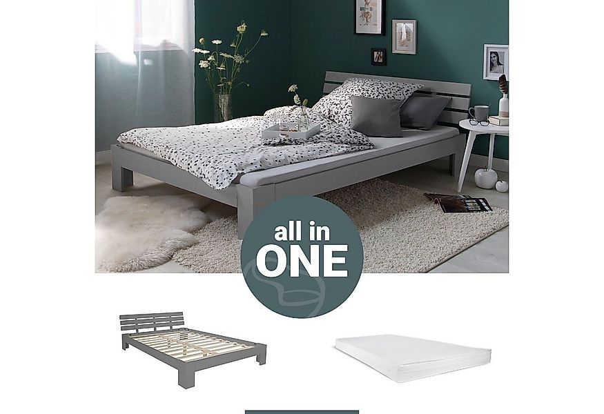Homestyle4u Holzbett 140x200 Doppelbett Bett Grau Massiv Kiefer mit Kopftei günstig online kaufen