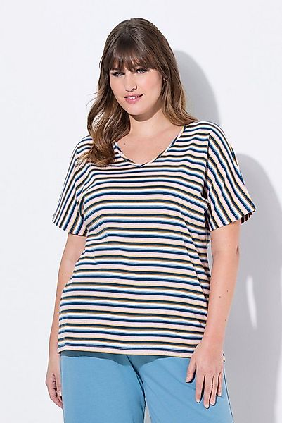 Ulla Popken Pyjama Schlafshirt Ringel V-Ausschnitt Halbarm günstig online kaufen