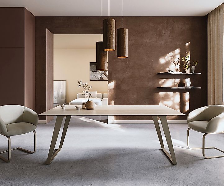 Esstisch Edge 200x100 Keramik Laminam® Travertino Bianco Creme-Weiß Metall günstig online kaufen