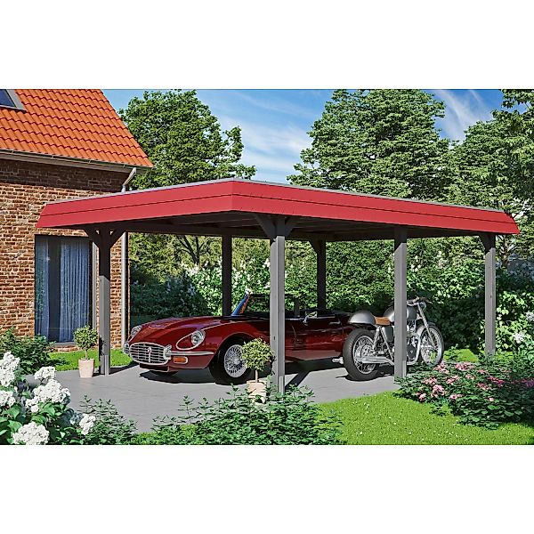 Skan Holz Carport Wendland Schiefergrau 409 x 628 cm Alu-Dach Blende Rot günstig online kaufen