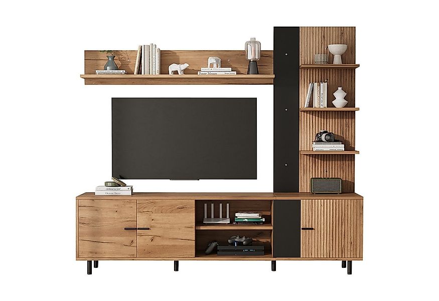 Merax Wohnwand mit Vitrine & Regal, in Holzoptik & Schwarz, (3-St), Mediawa günstig online kaufen