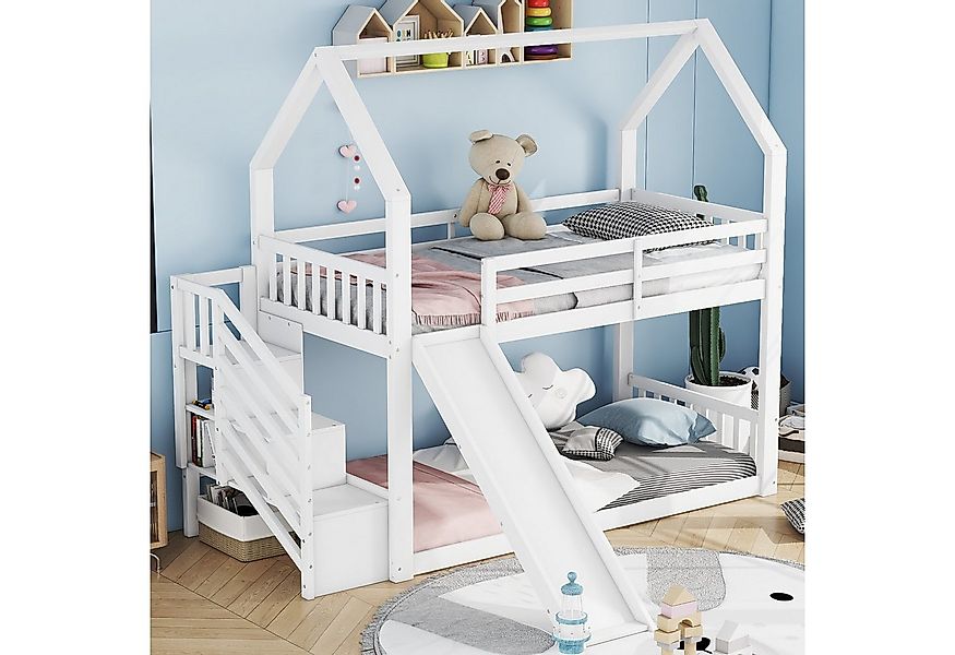 Flieks Etagenbett, Kinderbett mit Treppe & Rutsche & oberem Lattenrost 90x2 günstig online kaufen