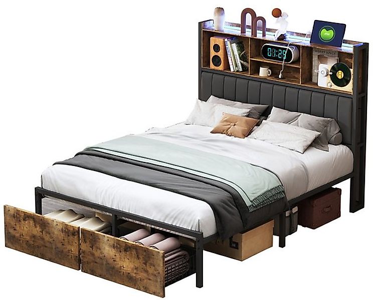 FUROKOY Polsterbett Doppelbett Stauraumbett Metallbett LED Licht und USB+Ty günstig online kaufen