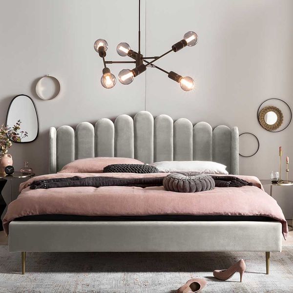 Samt Polsterbett in Beige Metallgestell Goldfarben günstig online kaufen