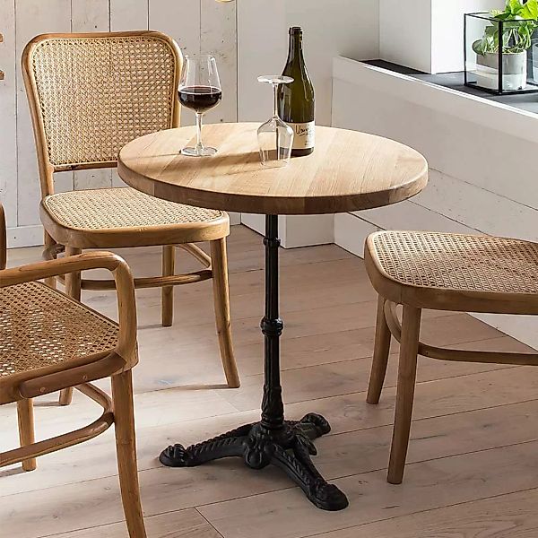 Runder Tisch aus Wildeiche Massivholz und Gusseisen Vintage Design günstig online kaufen