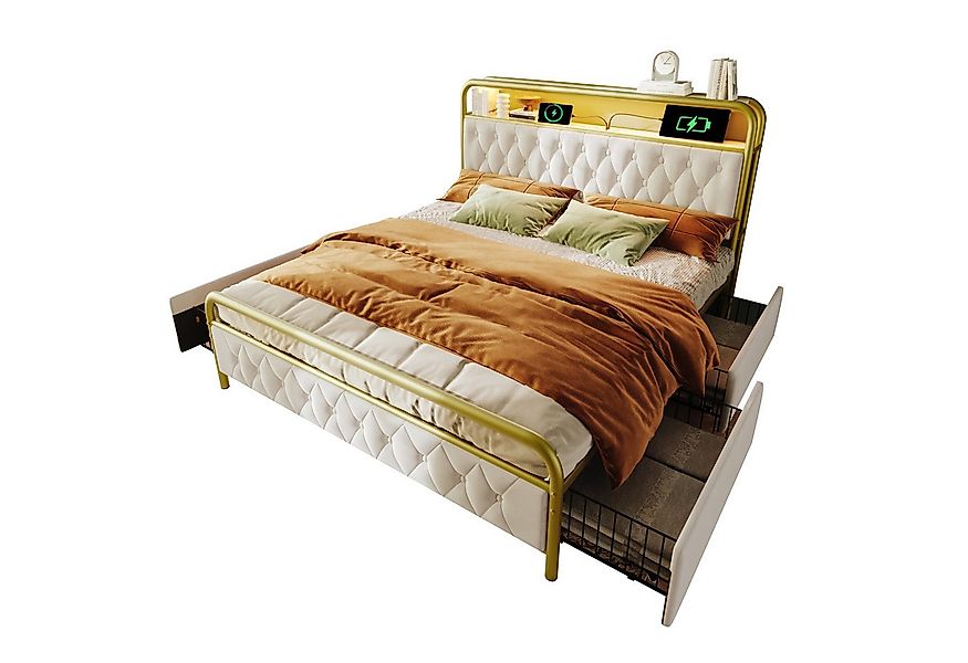 Flieks Metallbett, LED Polsterbett Doppelbett 160x200cm mit Ladenfunktion + günstig online kaufen