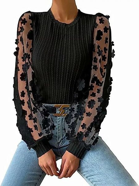 FIDDY T-Shirt Damen Elegant Rundhals Spitzenbluse Transparent Langarm Obert günstig online kaufen