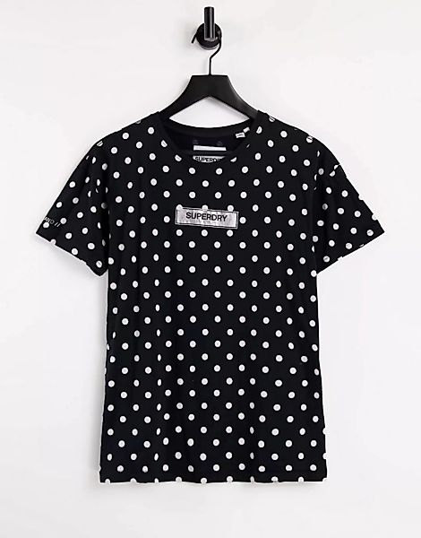 Superdry – Studio 395 – Gepunktetes T-Shirt mit Logo in Schwarz günstig online kaufen
