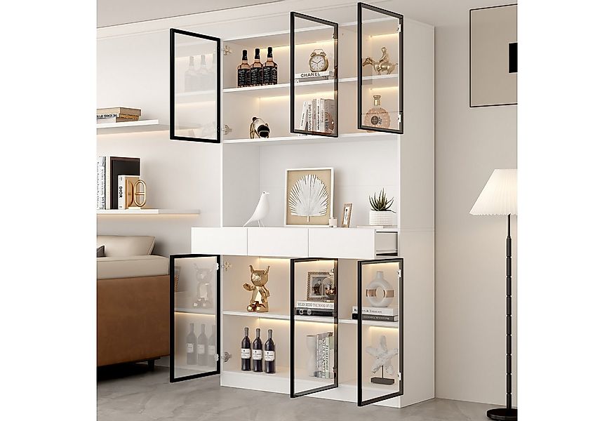 STILVORA Vitrine 2m Highboard Sideboard mit LED-leuchten und Glastüren,Beis günstig online kaufen