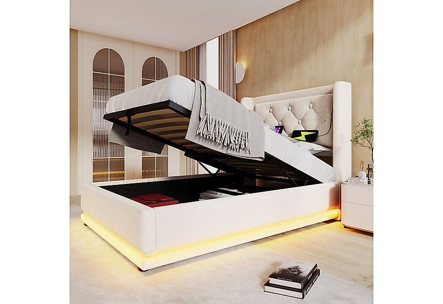Flieks Polsterbett, LED Hydraulisches Stauraumbett Einzelbett 90x200cm mit günstig online kaufen