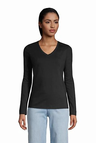 Supima Langarm-Shirt mit V-Ausschnitt, Damen, Größe: L Normal, Schwarz, Bau günstig online kaufen