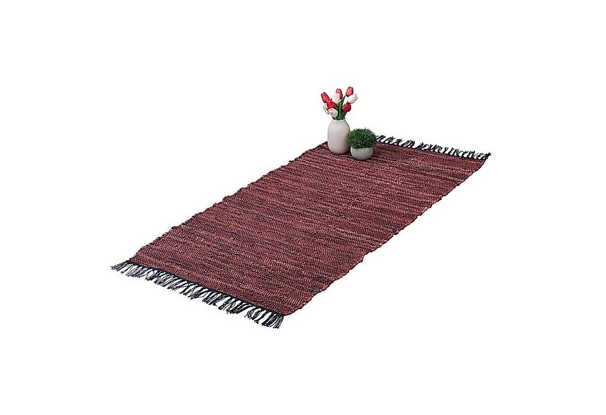relaxdays Läufer Flickenteppich Leder & Baumwolle, Höhe: 10 mm, rot günstig online kaufen