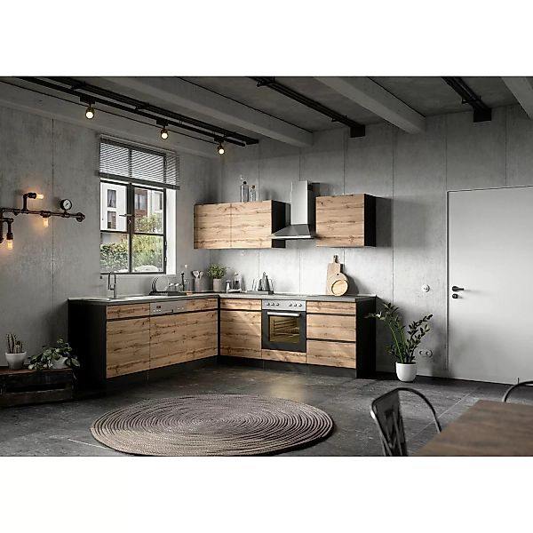 Held Möbel Winkelküche Turin 240 x 240 cm Wotaneiche-Graphit ohne E-Geräte günstig online kaufen