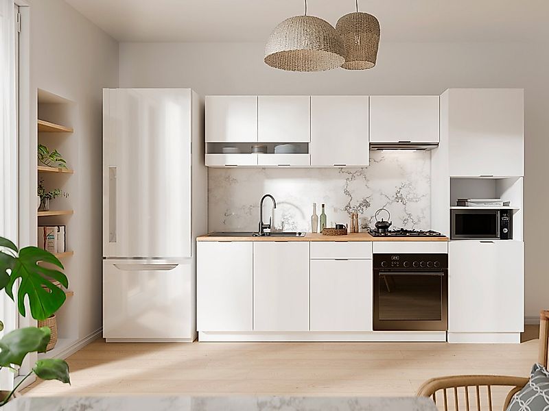 Set Küchenzeile + Hochschrank - Weiß & Holzfarben - CARMEO günstig online kaufen