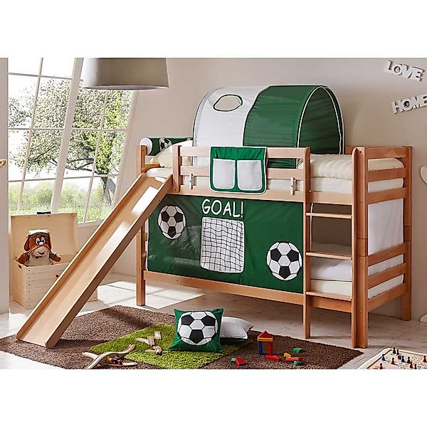 Fußball Etagenbett mit Rutsche und Vorhang in Dunkelgrün Buche Massivholz günstig online kaufen
