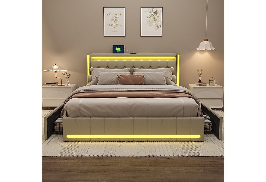 PXloue Polsterbett LED-Bett mit Stauraum und Ladeanschluss (Geeignet für Ju günstig online kaufen