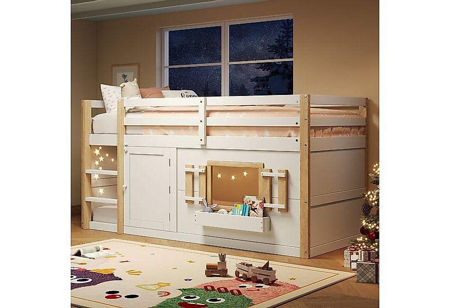 Flieks Hochbett Kinderbett Hausbett 90x200cm mit Rausfallschutz, Fenster un günstig online kaufen