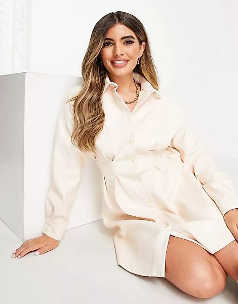 ASOS DESIGN – Mini-Hemdkleid im Leder-Look in Cremeweiß mit geraffter Taill günstig online kaufen
