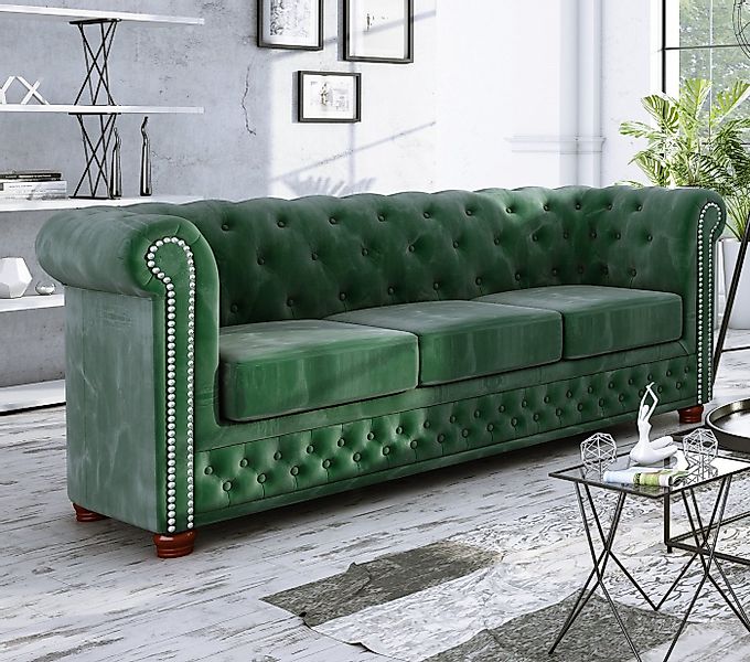 S-Style Möbel Chesterfield-Sofa Leeds, 3-Sitzer aus Samt-Stoff mit Holzfüße günstig online kaufen