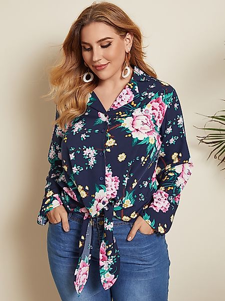 YOINS Plus Größe V-Ausschnitt Blumendruck Bluse mit langen Ärmeln zum Binde günstig online kaufen