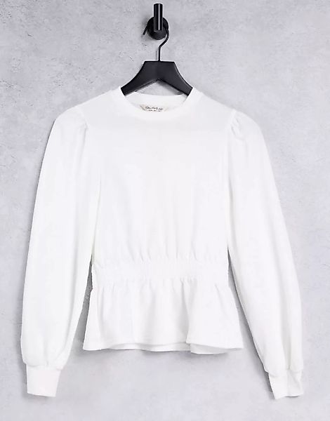 Miss Selfridge – Gerafftes, langärmliges Sweatshirt mit Schößchen in Weiß günstig online kaufen