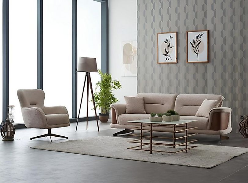 JVmoebel Sofa Polstersofa Couchgarnitur Dreisitzer Sessel Beige Couch Stoff günstig online kaufen