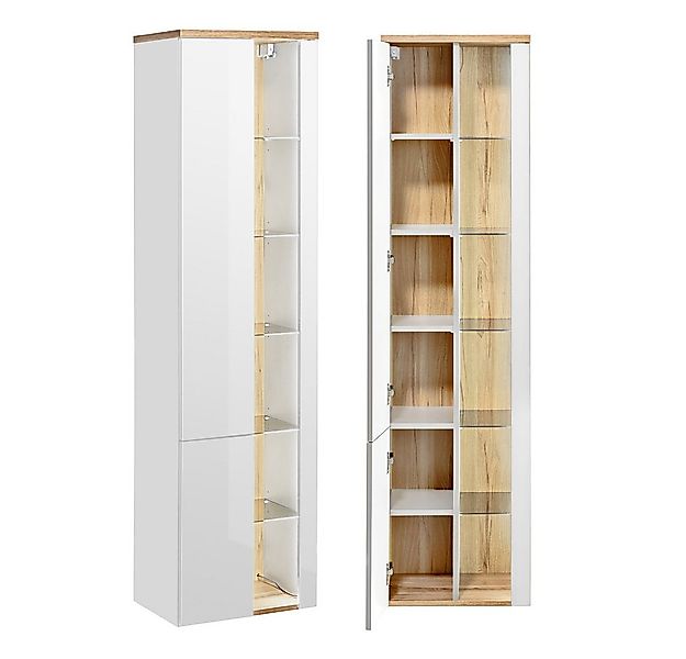 Lomadox Hochschrank BERMUDA-56 weiß Hochglanz mit Wotaneiche 45/170/33cm günstig online kaufen