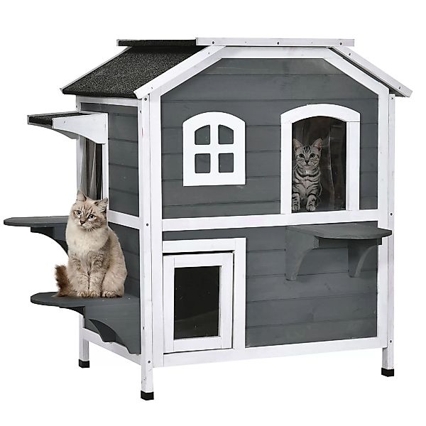 PawHut Katzenhaus mit Asphaltdach  Wetterfeste Outdoor Katzenhütte mit Trep günstig online kaufen