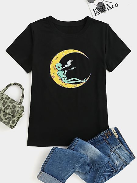 YOINS Black Alien & Moon Print Kurzarm-T-Shirt mit Rundhalsausschnitt günstig online kaufen