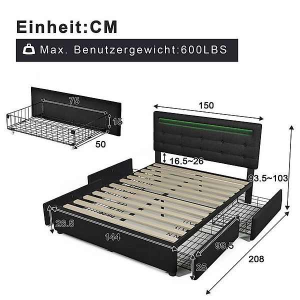 STILVORA Polsterbett 140x200 Bettgestell mit LED,Stauraumbett mit verstellb günstig online kaufen