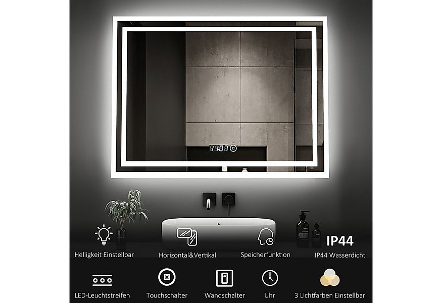 WDWRITTI Spiegel Bad mit uhr Touch Badspiegel mit beleuchtung 80x60 (Wandsp günstig online kaufen